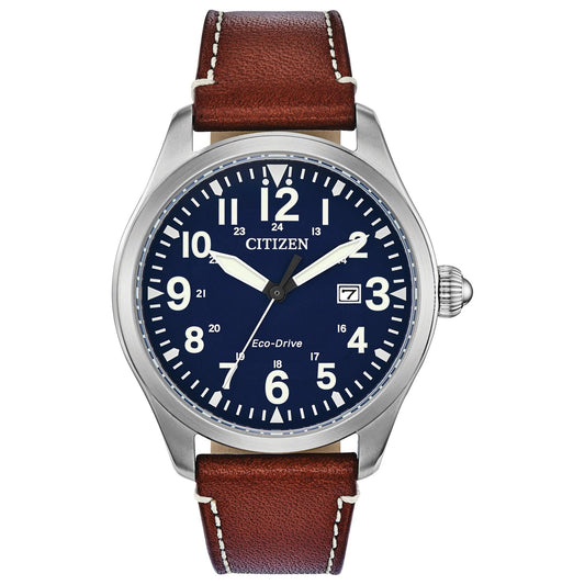 Citizen Eco Drive mens field watch with blue dial, arabic numerals, date window and brown leather strap in classic military style
