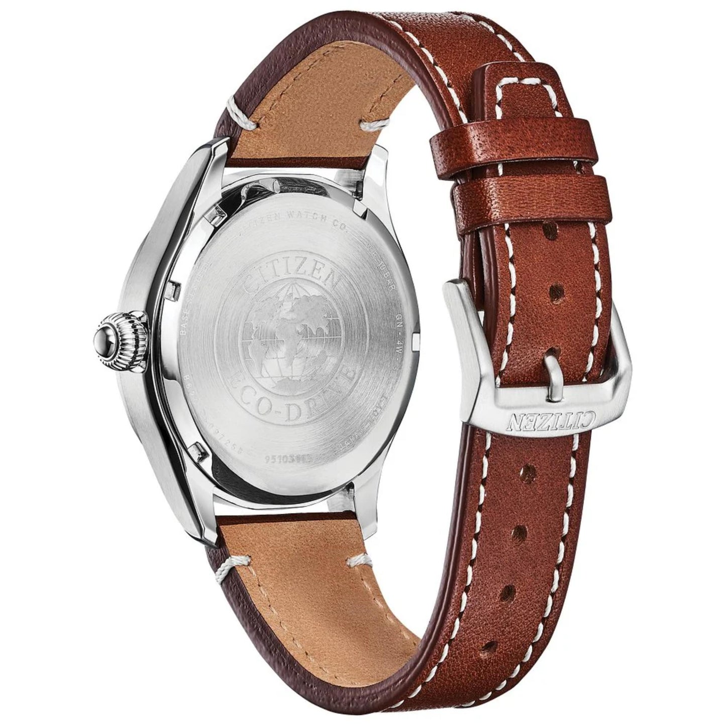Citizen Eco Drive field watch rear view showing stainless steel caseback and brown leather strap with stitching and buckle closure