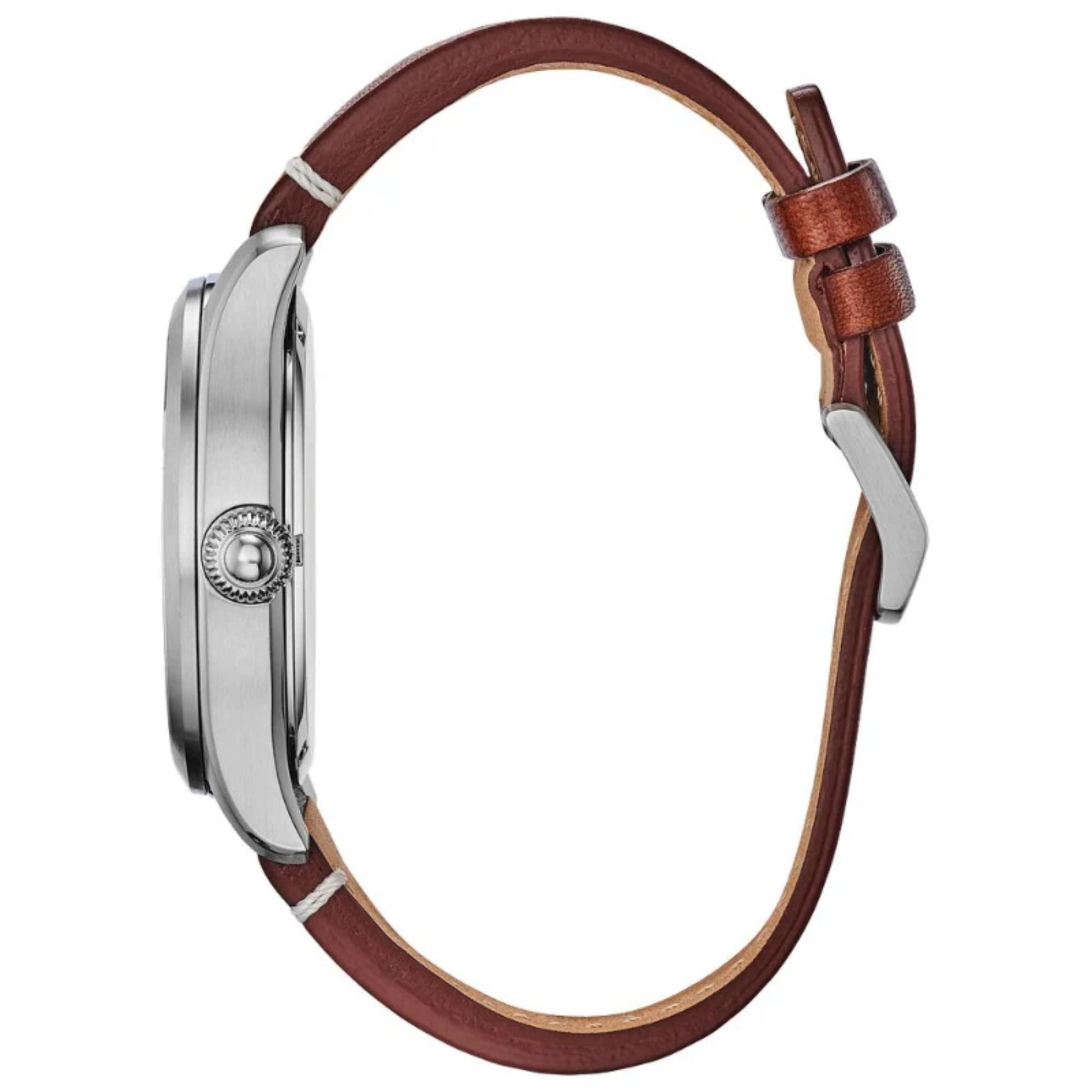 Citizen Eco Drive field watch side profile showing slim stainless steel case, crown and brown leather strap with buckle