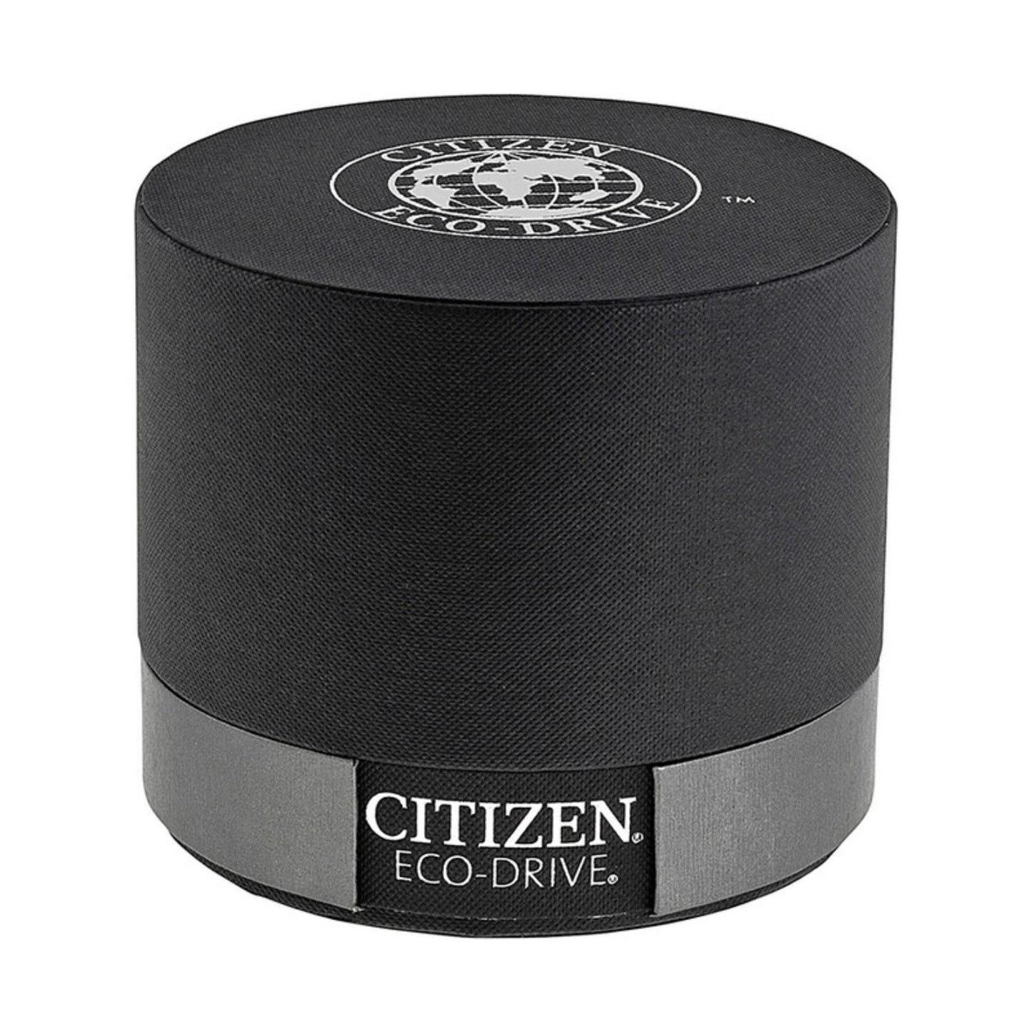 Citizen Eco-Drive original round black watch box with textured exterior, Citizen Eco-Drive branding, and logo printed on the lid.