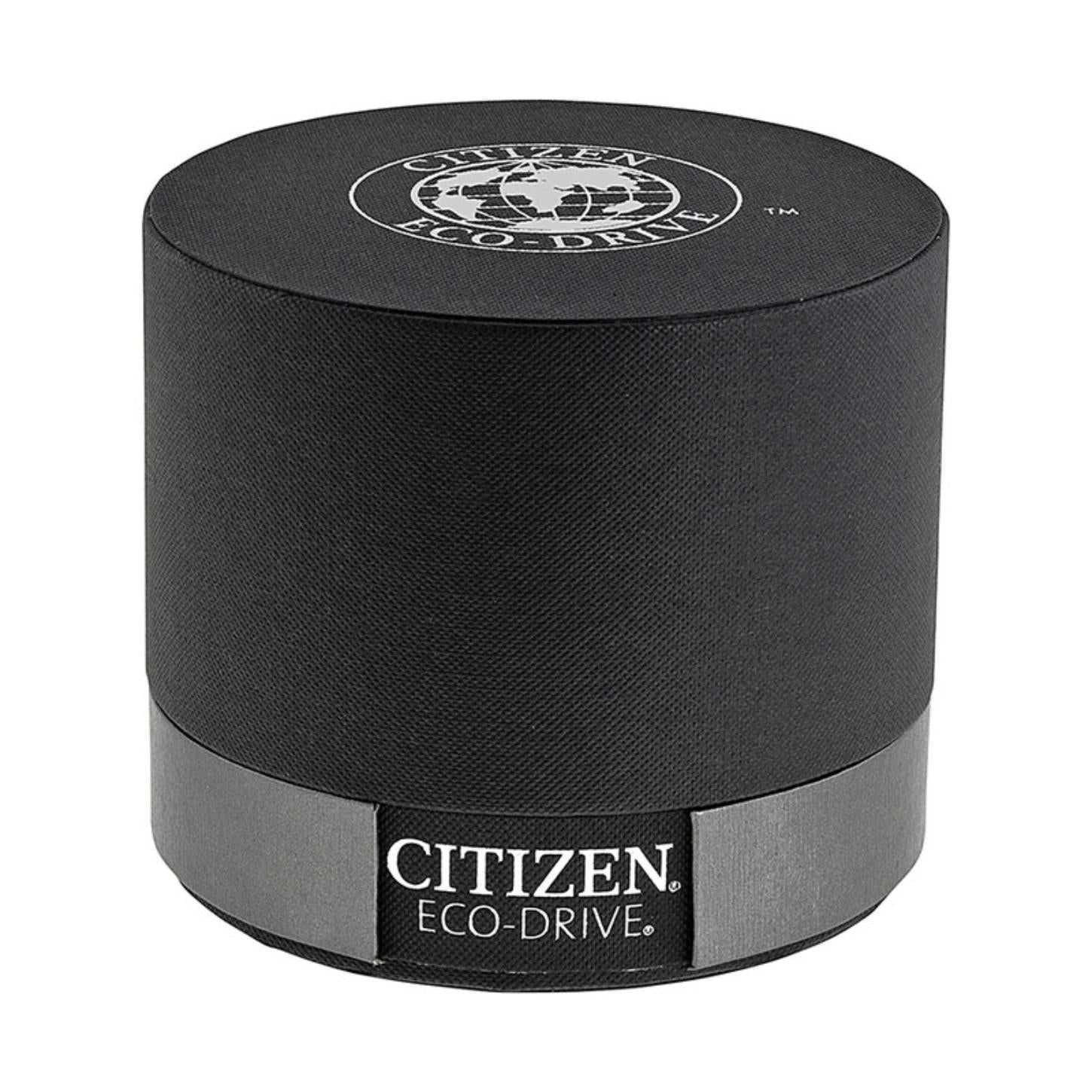 Citizen Eco-Drive original round black watch box with textured exterior, Citizen Eco-Drive branding, and logo printed on the lid.