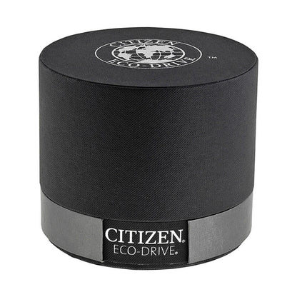 Citizen Eco-Drive original round black watch box with textured exterior, Citizen Eco-Drive branding, and logo printed on the lid.