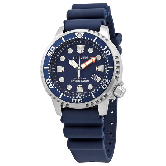 Citizen Eco-Drive Promaster Diver BN0151-09L with blue dial, blue rotating bezel, luminous hour markers, date window, stainless steel case, and blue rubber strap.