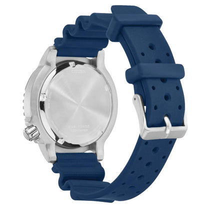 Citizen Eco-Drive Promaster Diver BN0151-09L with stainless steel caseback, side crown, blue rubber strap, adjustment holes, and silver-tone buckle closure.