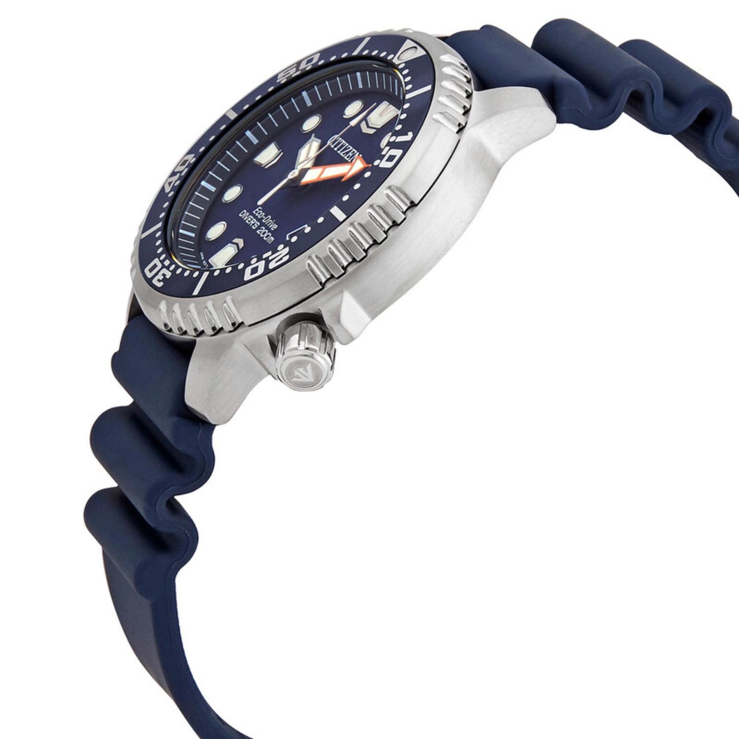 Citizen Eco-Drive Promaster Diver BN0151-09L with side profile stainless steel case, blue rotating bezel, signed crown, blue dial, and blue rubber strap.