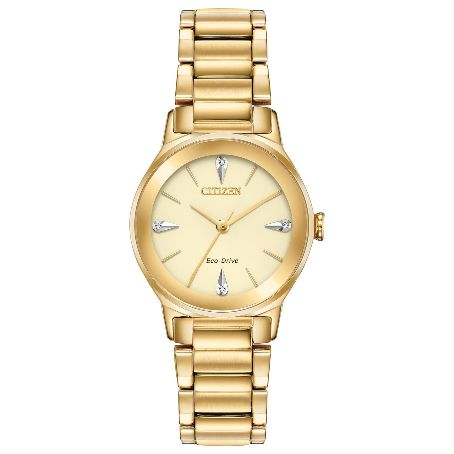 Citizen EM0732-51P womens dress watch with champagne dial, diamond hour markers and gold tone stainless steel bracelet with elegant design