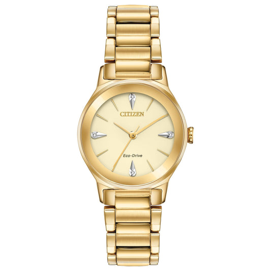 Citizen EM0732-51P womens dress watch with champagne dial, diamond hour markers and gold tone stainless steel bracelet with elegant design