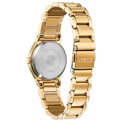 Citizen EM0732-51P womens watch rear view showing gold tone stainless steel bracelet, caseback and fold over clasp with Citizen logo