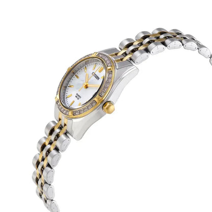 Citizen EU6064-54D watch with mother of pearl dial, diamond bezel and two-tone stainless steel bracelet shown at an angle.