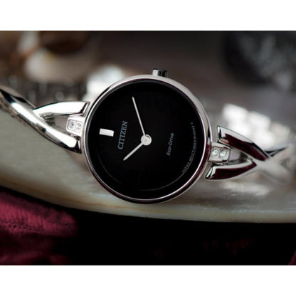 Citizen EX1420-50E Eco-Drive watch with black dial, minimalist markers and stainless steel bangle bracelet featuring crystal accents and polished finish