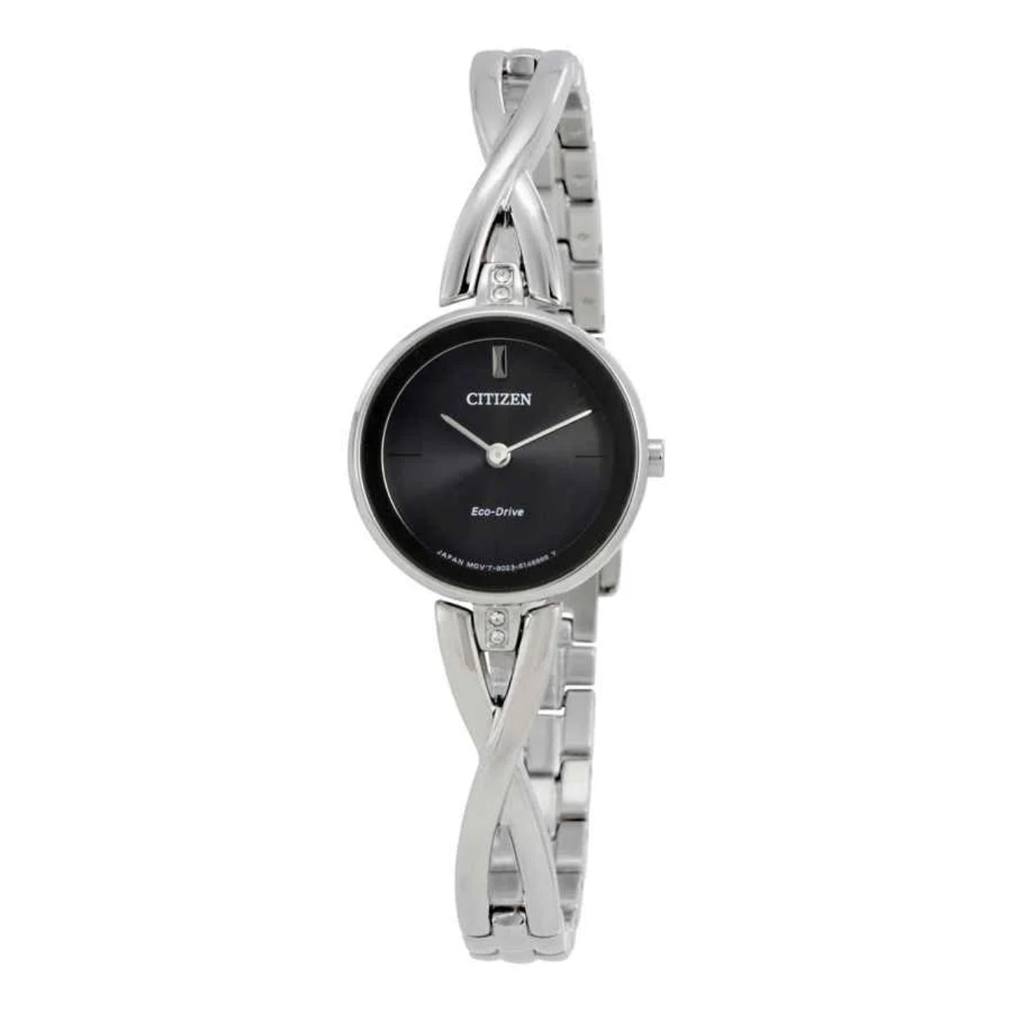 Citizen EX1420-50E Eco-Drive watch with black dial, minimalist markers and polished stainless steel bangle bracelet with twisted design