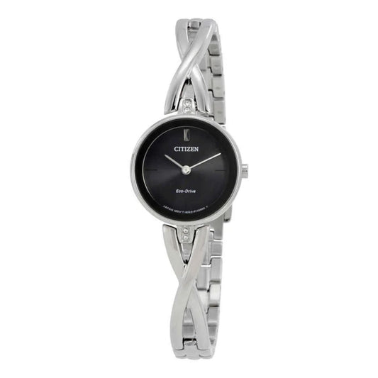 Citizen EX1420-50E Eco-Drive watch with black dial, minimalist markers and polished stainless steel bangle bracelet with twisted design