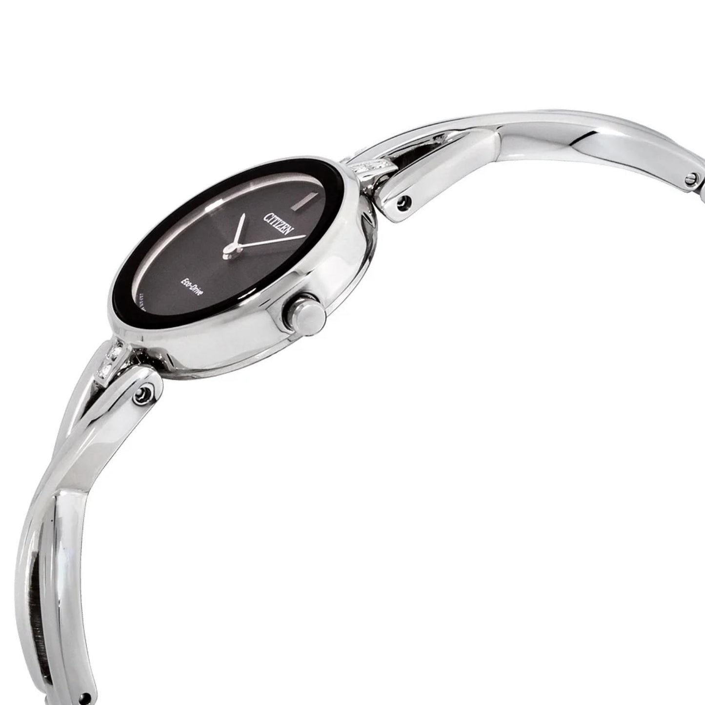 Citizen EX1420-50E Eco-Drive watch with black dial shown in side profile featuring stainless steel case, polished crown and slim bangle bracelet with curved design