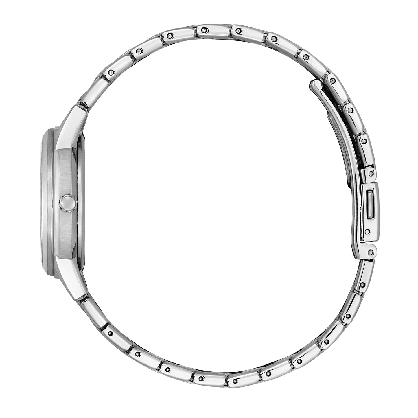 Citizen FE1240-57A side profile with stainless steel case, crown and stainless steel bracelet with slim link design.