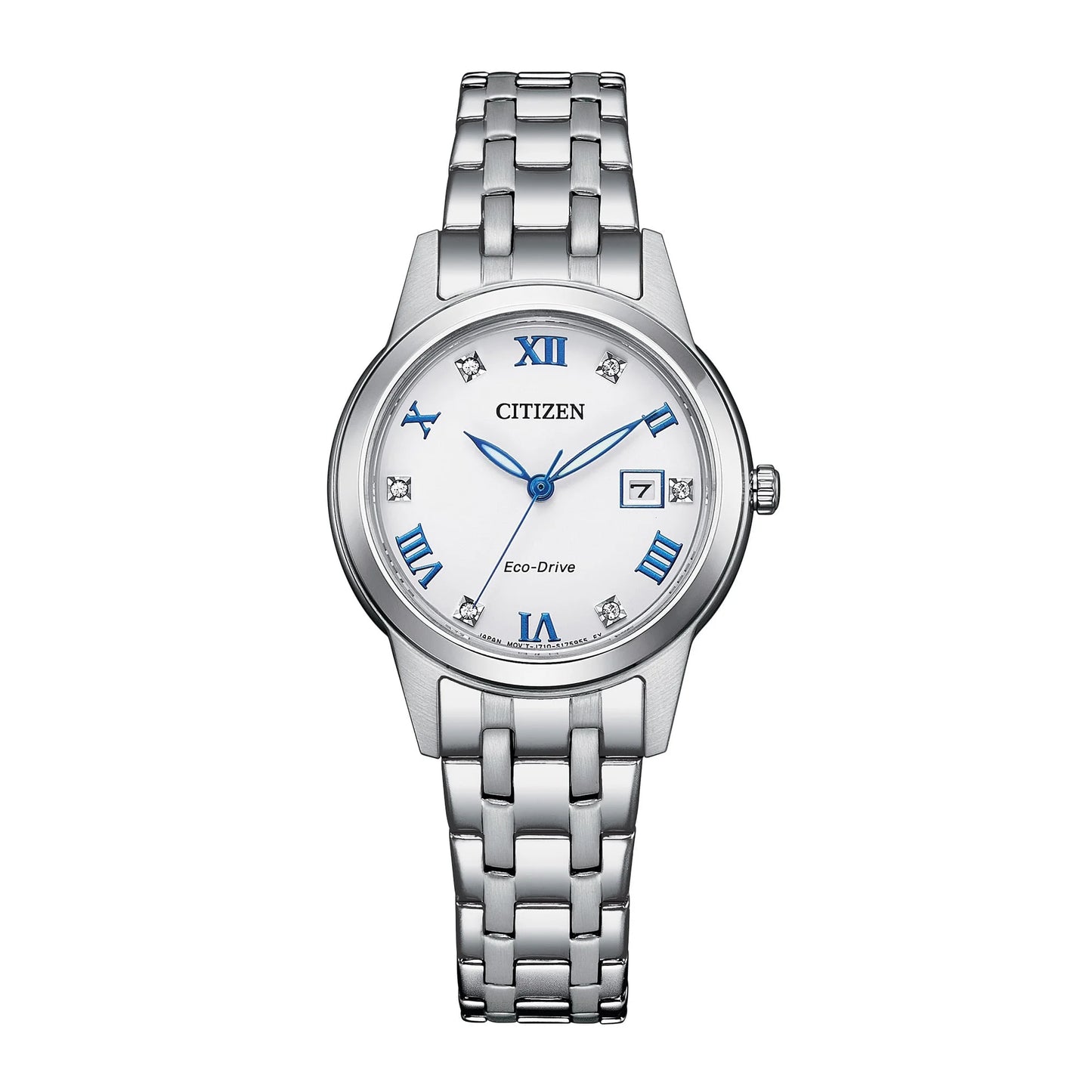 Citizen FE1240-57A Eco-Drive dress watch with white dial, blue Roman numerals, date window at 3 o’clock, stainless steel case and stainless steel bracelet.
