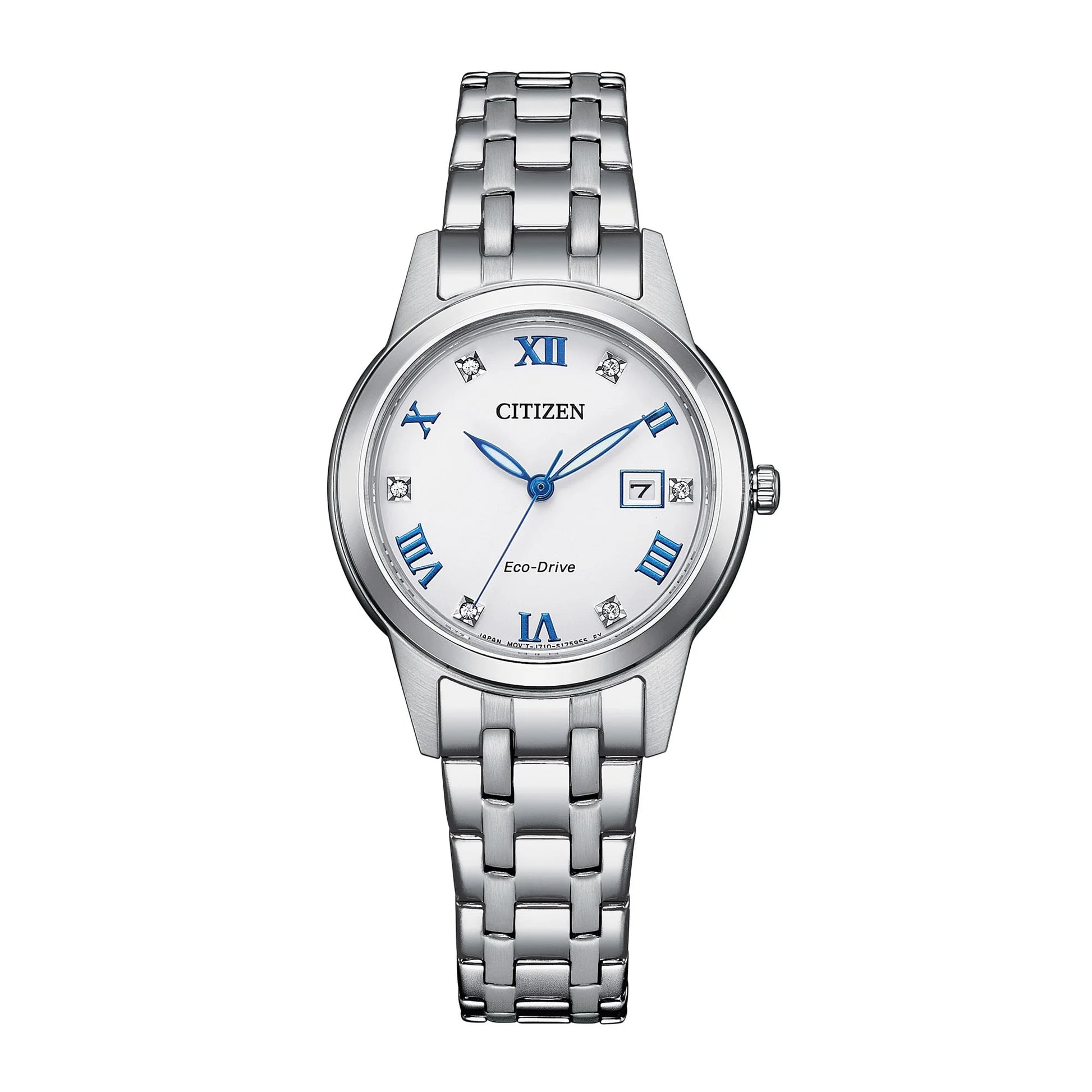 Citizen FE1240-57A Eco-Drive dress watch with white dial, blue Roman numerals, date window at 3 o’clock, stainless steel case and stainless steel bracelet.