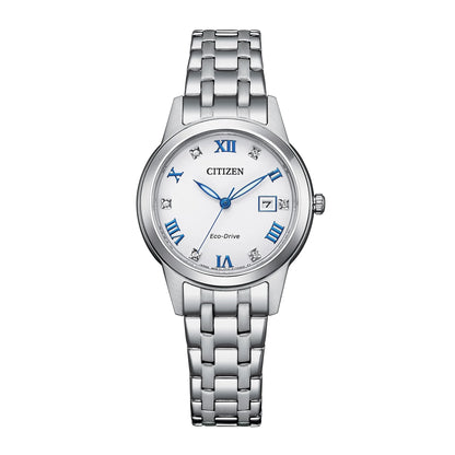 Citizen FE1240-57A Eco-Drive dress watch with white dial, blue Roman numerals, date window at 3 o’clock, stainless steel case and stainless steel bracelet.