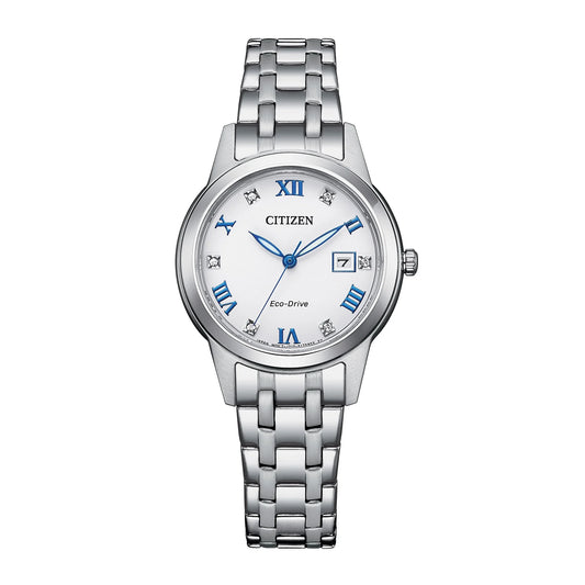 Citizen FE1240-57A Eco-Drive dress watch with white dial, blue Roman numerals, date window at 3 o’clock, stainless steel case and stainless steel bracelet.