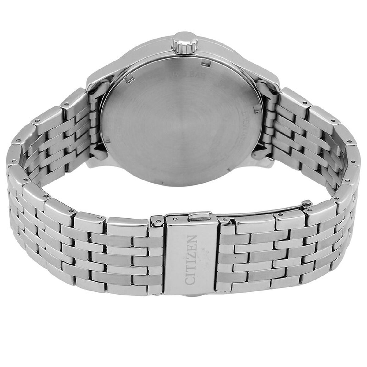 Citizen NH8350-59L automatic watch back view showing the stainless steel caseback and multi-link bracelet clasp