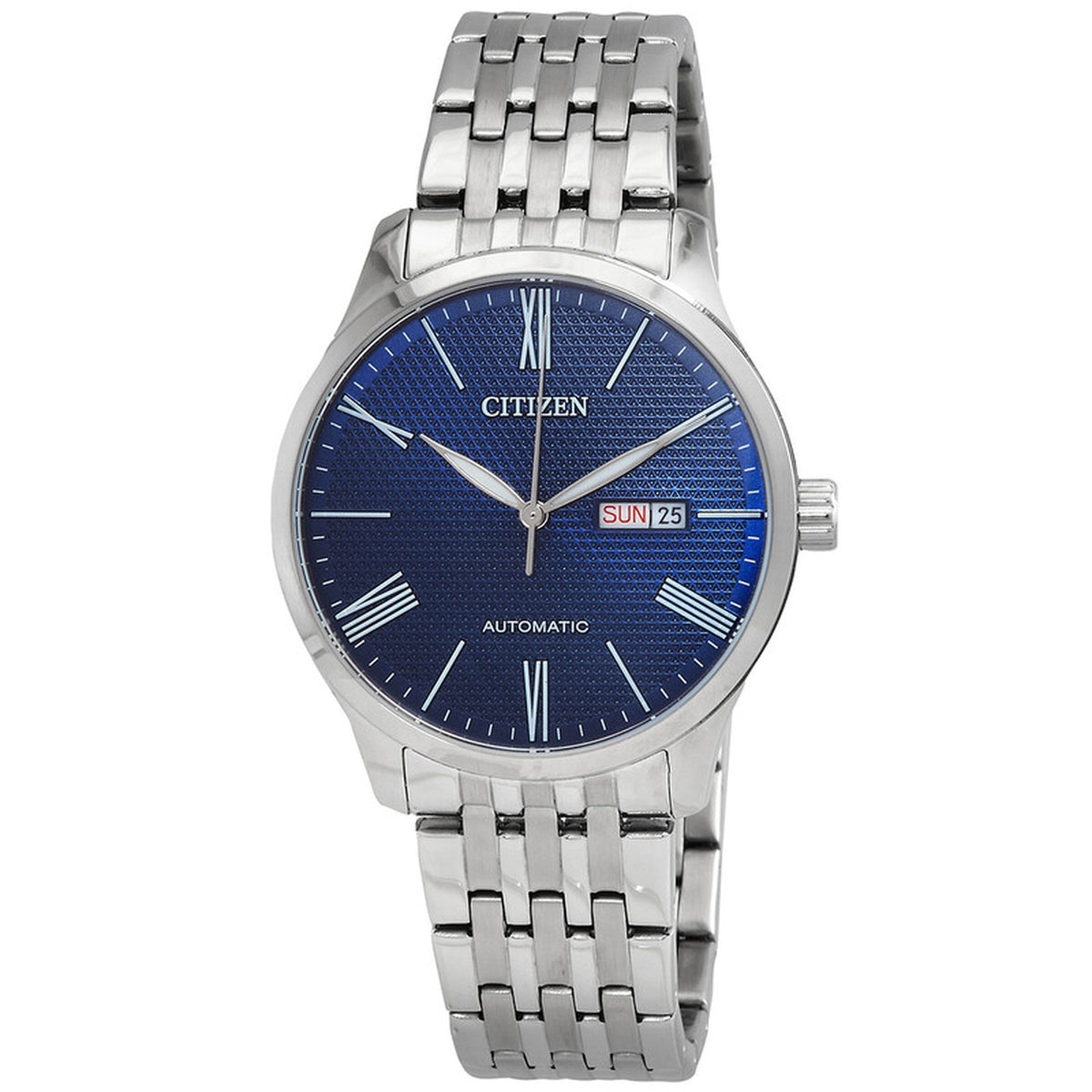 Citizen NH8350-59L men's automatic watch featuring a textured blue dial, Roman numerals, and stainless steel bracelet