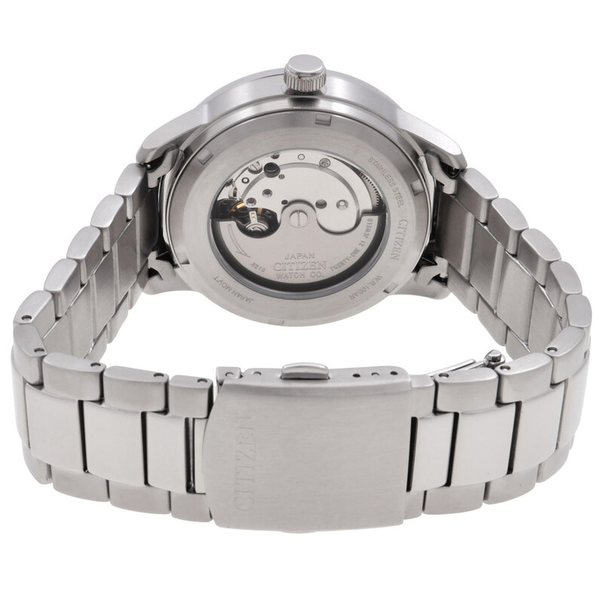 Citizen NJ0191-83L automatic watch showing the exhibition case back and stainless steel deployment clasp.