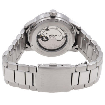 Citizen NJ0191-83L automatic watch showing the exhibition case back and stainless steel deployment clasp.