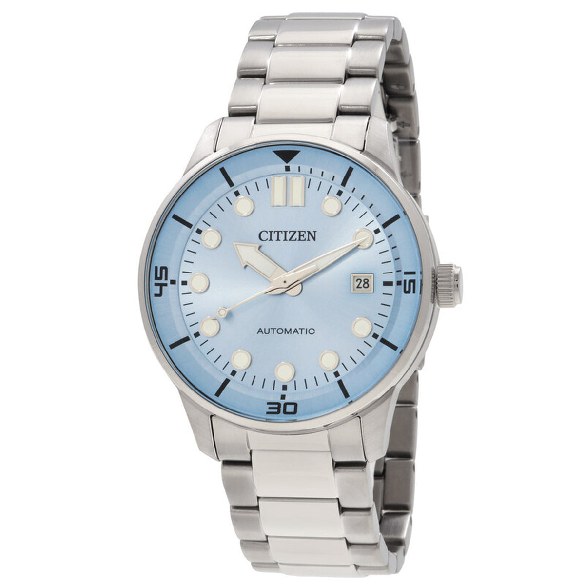 Citizen NJ0191-83L men's automatic watch featuring a light blue dial, date display, and stainless steel bracelet.
