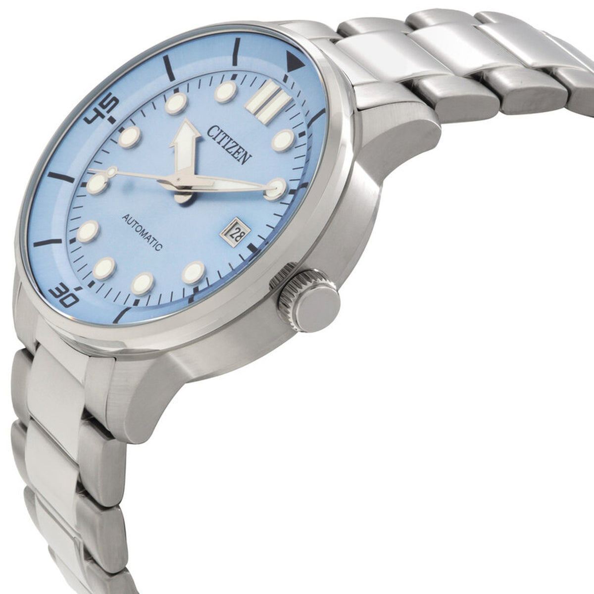 Citizen NJ0191-83L automatic watch angled to display the stainless steel case, crown, and light blue dial.