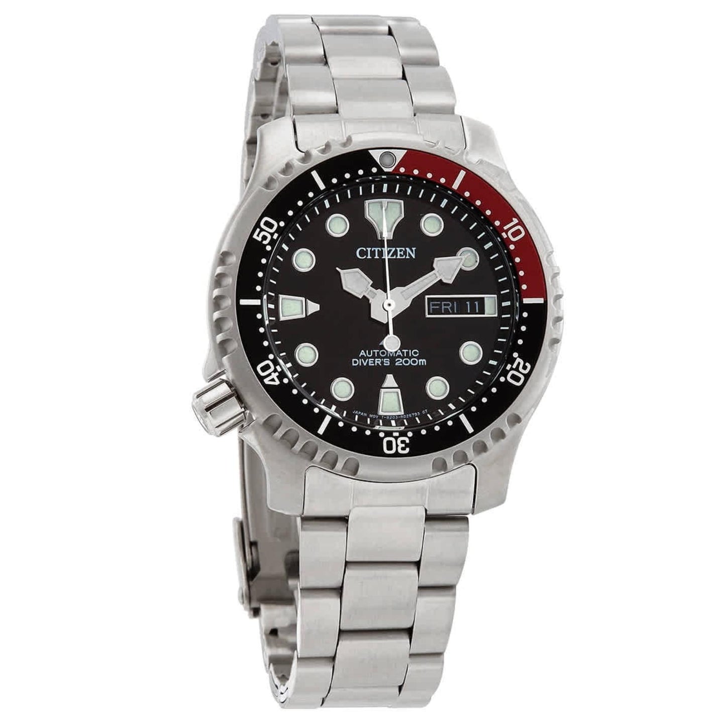 Citizen NY0085-86E automatic dive watch with black dial, red and black rotating bezel, stainless steel case and stainless steel bracelet.