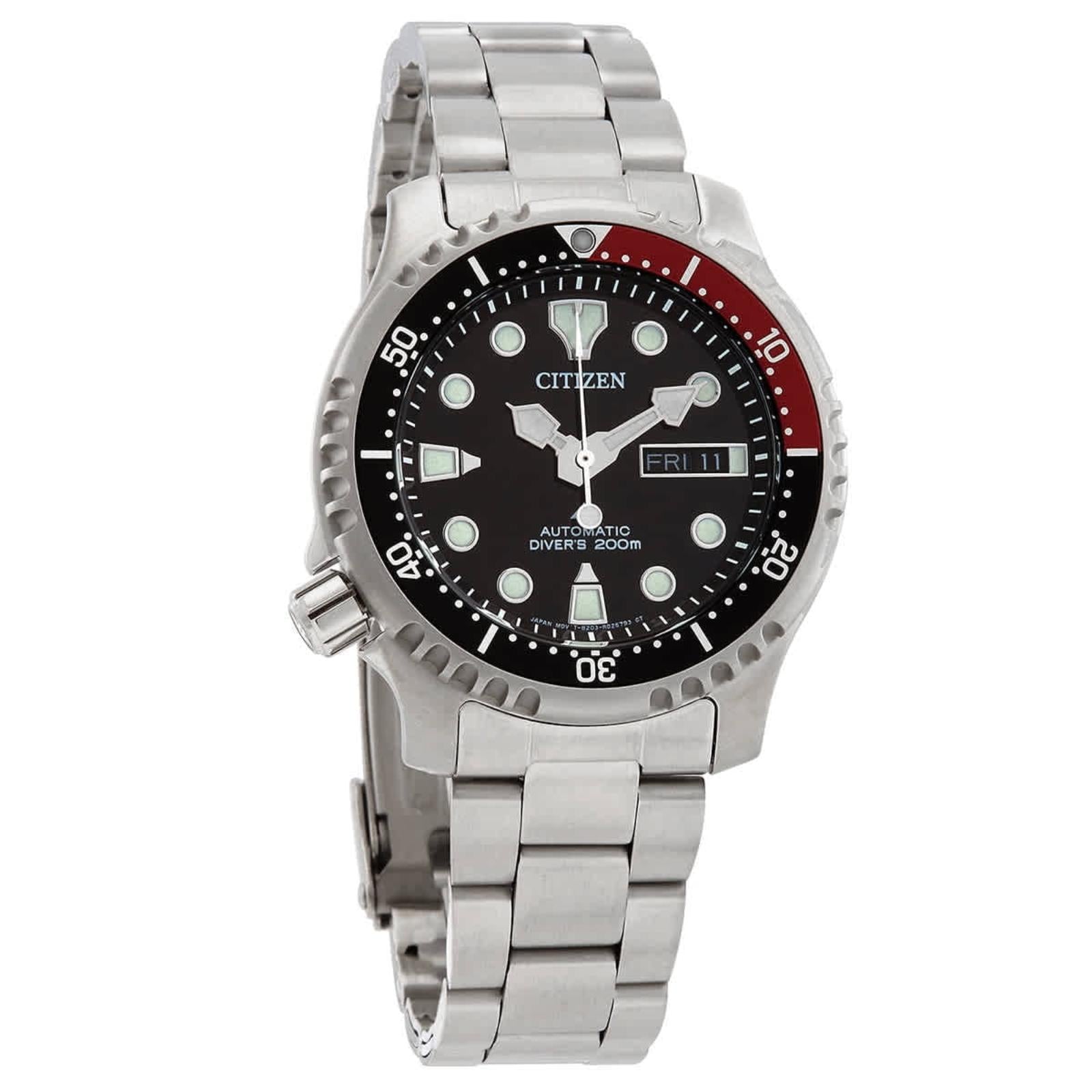 Citizen NY0085-86E automatic dive watch with black dial, red and black rotating bezel, stainless steel case and stainless steel bracelet.