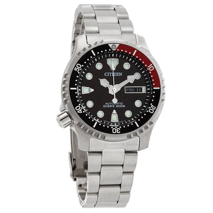 Citizen NY0085-86E automatic dive watch with black dial, red and black rotating bezel, stainless steel case and stainless steel bracelet.