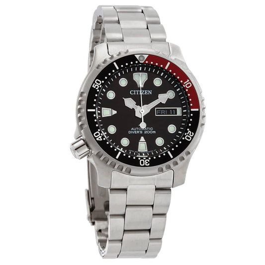 Citizen NY0085-86E automatic dive watch with black dial, red and black rotating bezel, stainless steel case and stainless steel bracelet.