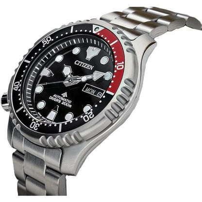 Citizen NY0085-86E automatic dive watch with black dial, red and black rotating bezel, stainless steel case and stainless steel bracelet shown at an angle.
