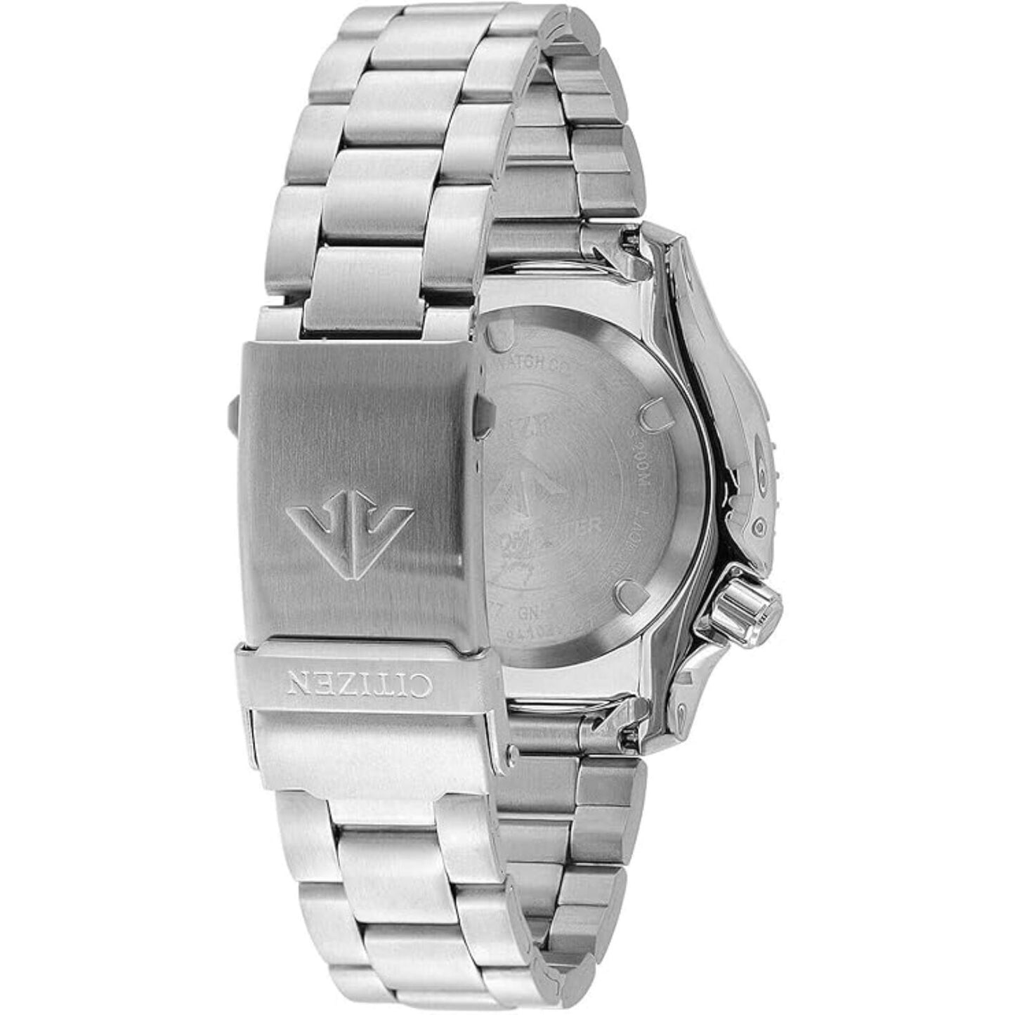 Citizen NY0085-86E with stainless steel caseback, screw-down crown and stainless steel bracelet with signed Citizen clasp.