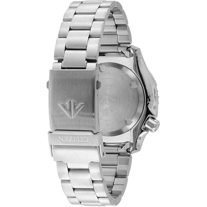 Citizen NY0085-86E with stainless steel caseback, screw-down crown and stainless steel bracelet with signed Citizen clasp.