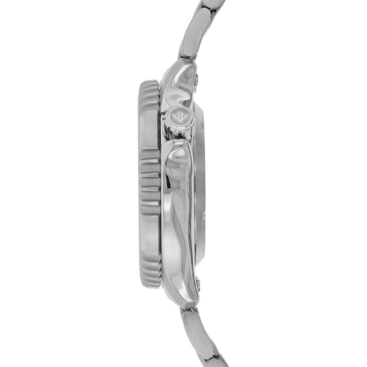 Citizen NY0085-86E side profile with stainless steel case, left-side crown, rotating dive bezel and stainless steel bracelet.
