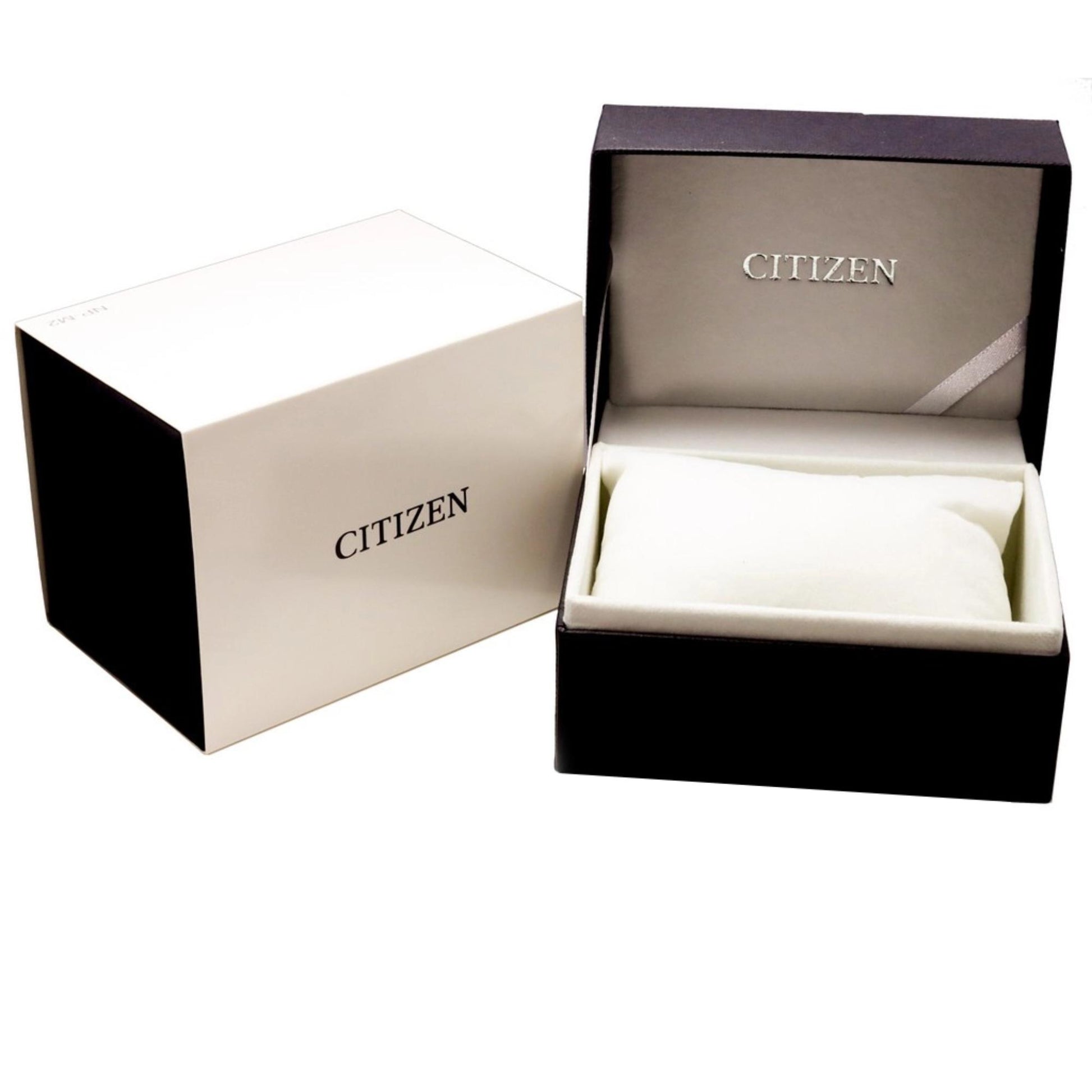 Original Citizen watch case in beige and black finish with interior logo and padded cushion for watch presentation.
