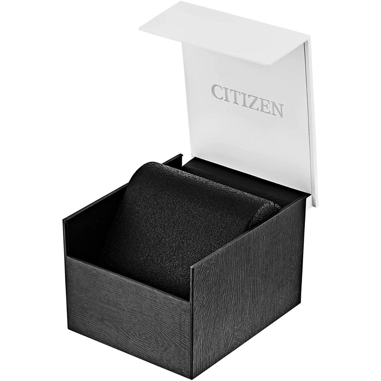 Citizen original watch presentation box with black textured base, white lid with Citizen logo and black cushion insert.