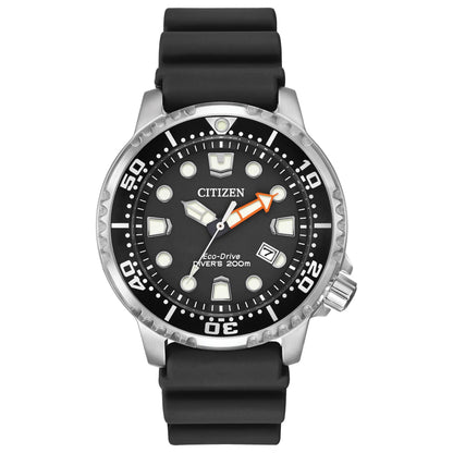 Citizen Promaster Diver BN0150-28E Eco-Drive dive watch with black dial, luminous markers, unidirectional bezel and black polyurethane strap.