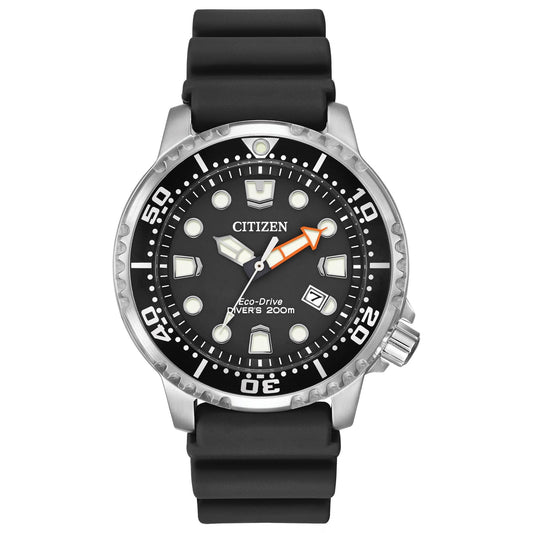 Citizen Promaster Diver BN0150-28E Eco-Drive dive watch with black dial, luminous markers, unidirectional bezel and black polyurethane strap.