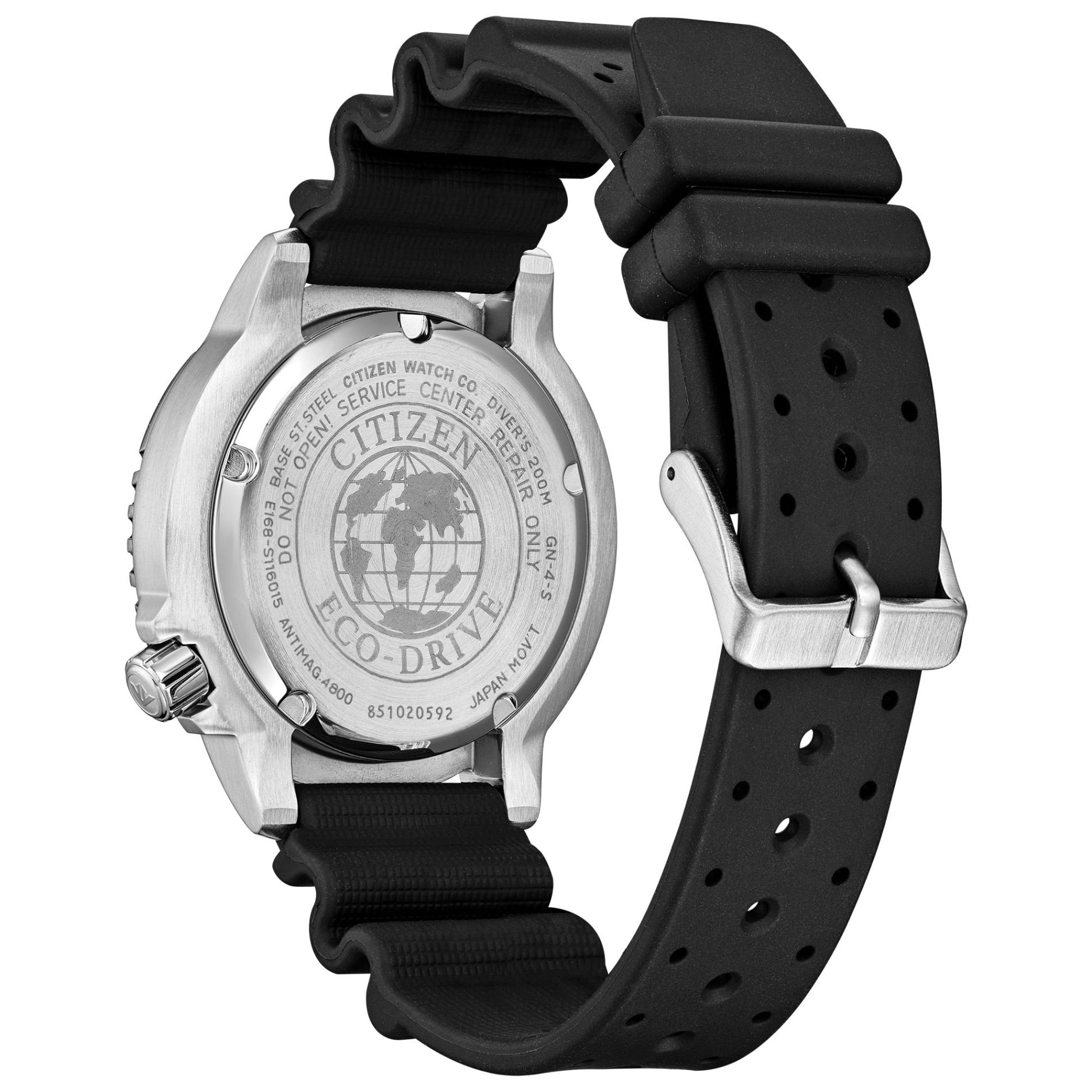 Citizen Promaster Diver BN0150-28E Eco-Drive dive watch with engraved stainless steel caseback, black polyurethane strap and stainless steel buckle closure.