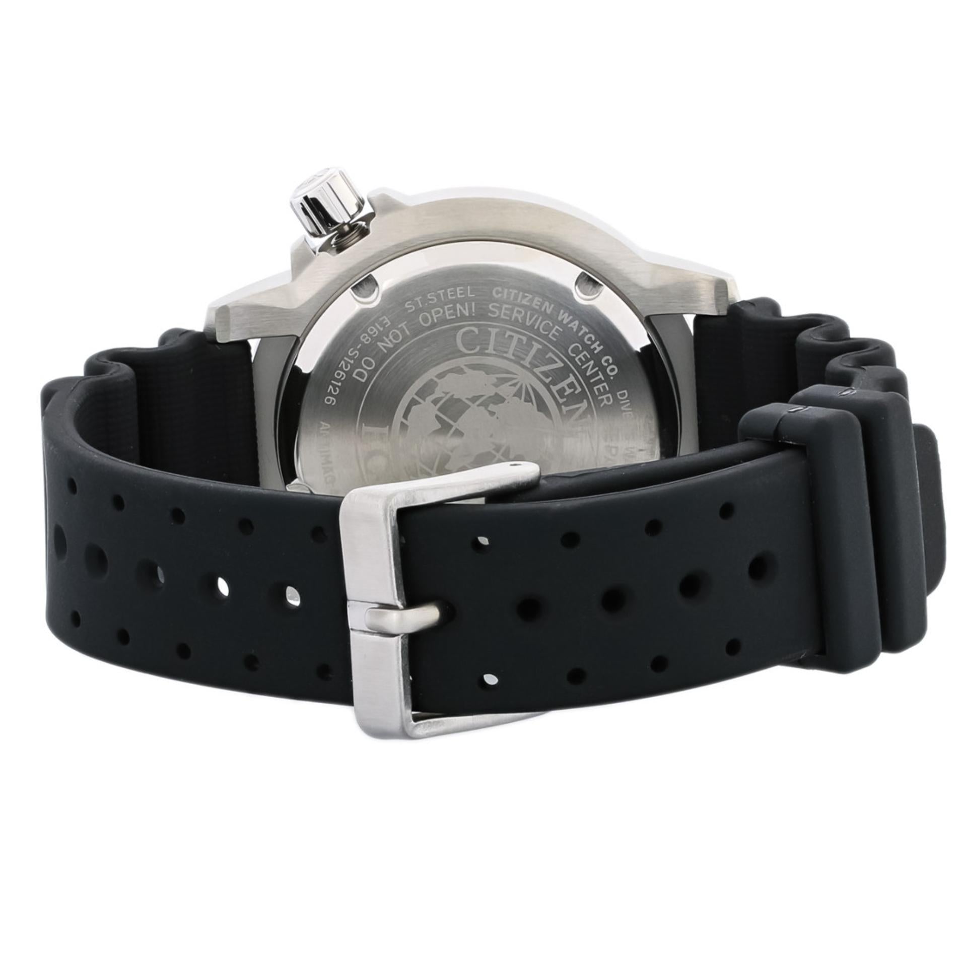 Citizen Promaster Diver BN0150-28E Eco-Drive dive watch with engraved stainless steel caseback, black polyurethane strap and stainless steel pin buckle detail.