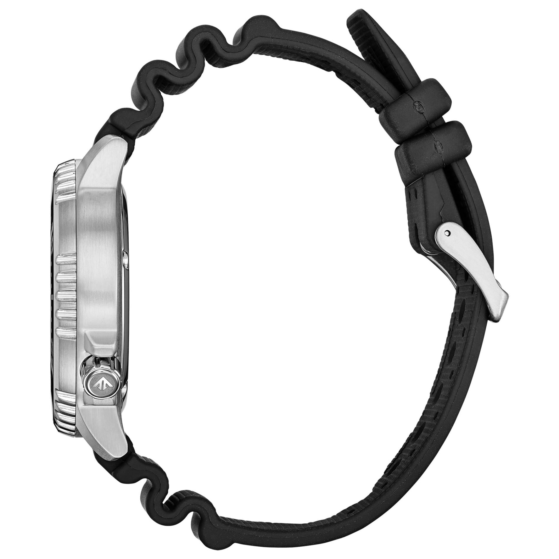 Citizen Promaster Diver BN0150-28E Eco-Drive dive watch with brushed stainless steel case, screw-down crown and black polyurethane strap shown in side profile.