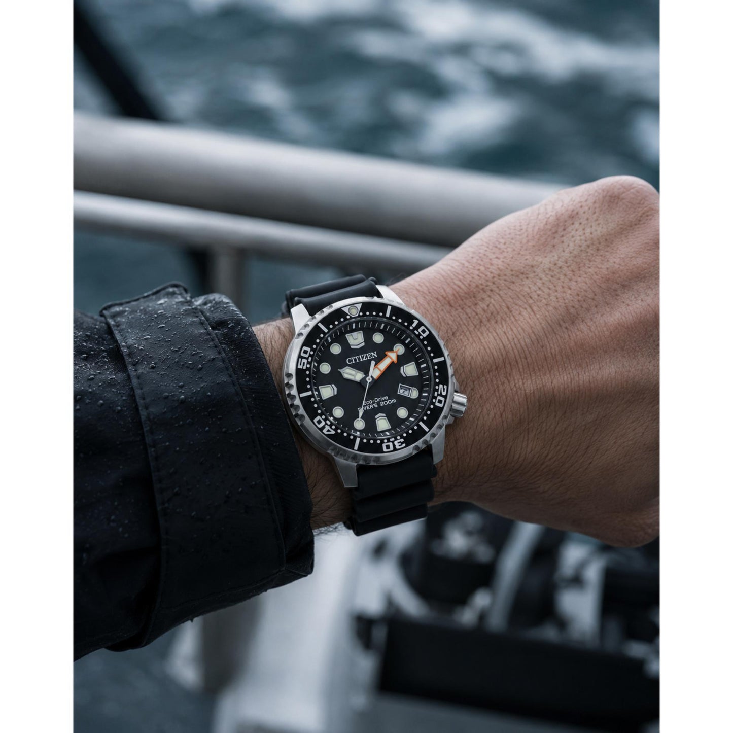 Citizen Promaster Diver BN0150-28E worn on the wrist with black dial, stainless steel case, black polyurethane strap, unidirectional dive bezel, luminous markers, and screw-down crown.
