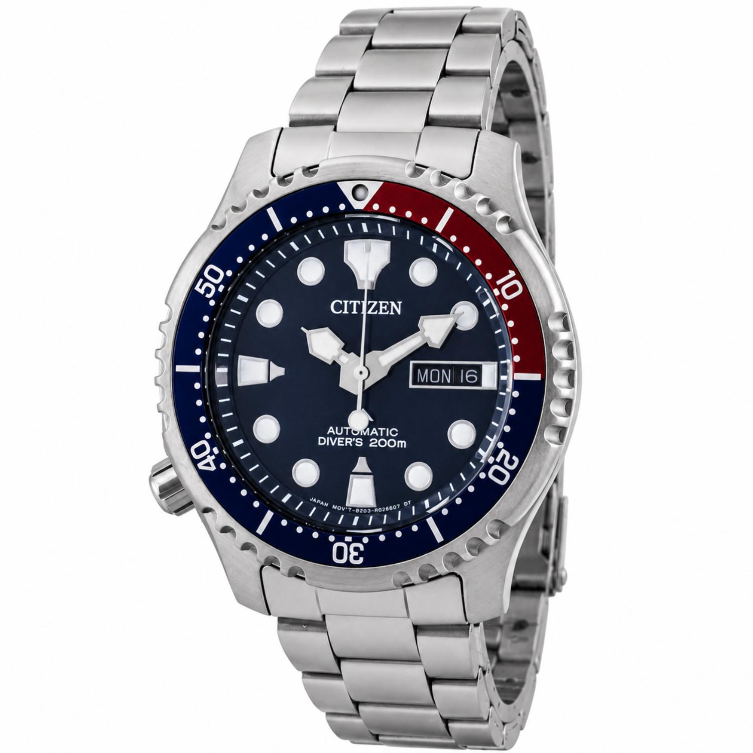 Citizen Promaster Diver NY0086-83L automatic dive watch with blue dial, Pepsi bezel, luminous markers and stainless steel bracelet shown in angled front view.