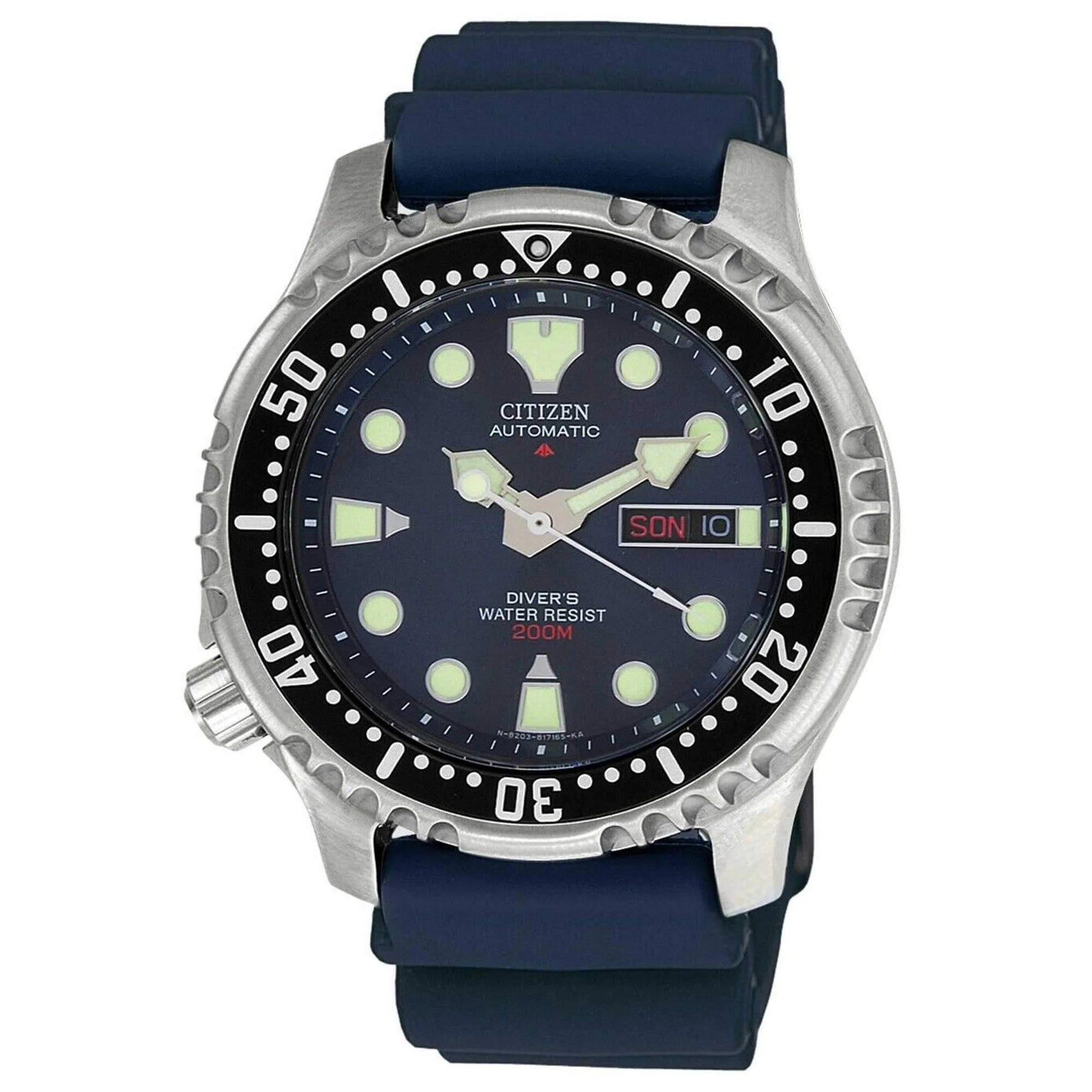 Citizen Promaster NY0040-17L automatic dive watch with blue dial, rotating bezel, and blue rubber strap, 200 m water resistance.