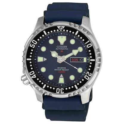 Citizen Promaster NY0040-17L automatic dive watch with blue dial, rotating bezel, and blue rubber strap, 200 m water resistance.