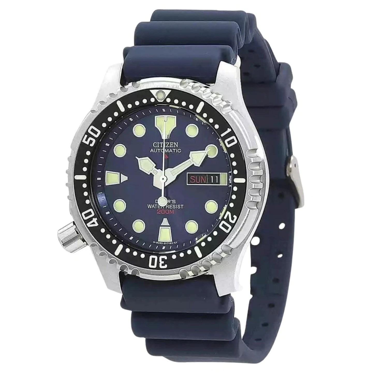 Citizen Promaster NY0040-17L automatic watch with blue dial, black unidirectional bezel, and blue rubber strap.