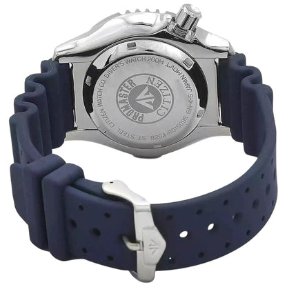 Back of the Citizen Promaster NY0040-17L automatic watch with engraved case back and perforated blue rubber strap.