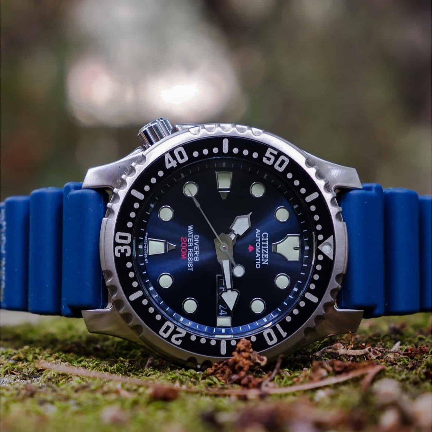 Citizen Promaster NY0040-17L watch with blue dial and black bezel photographed outdoors on a natural surface.